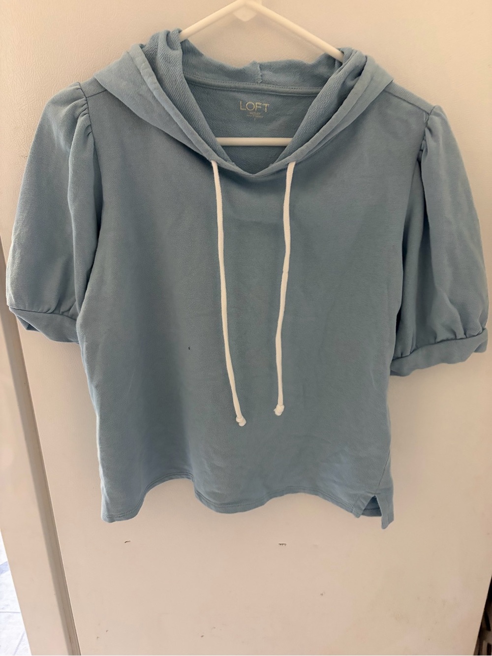 LOFT Light Blue Puff-Sleeve Hoodie Top - Picture 1 of 4